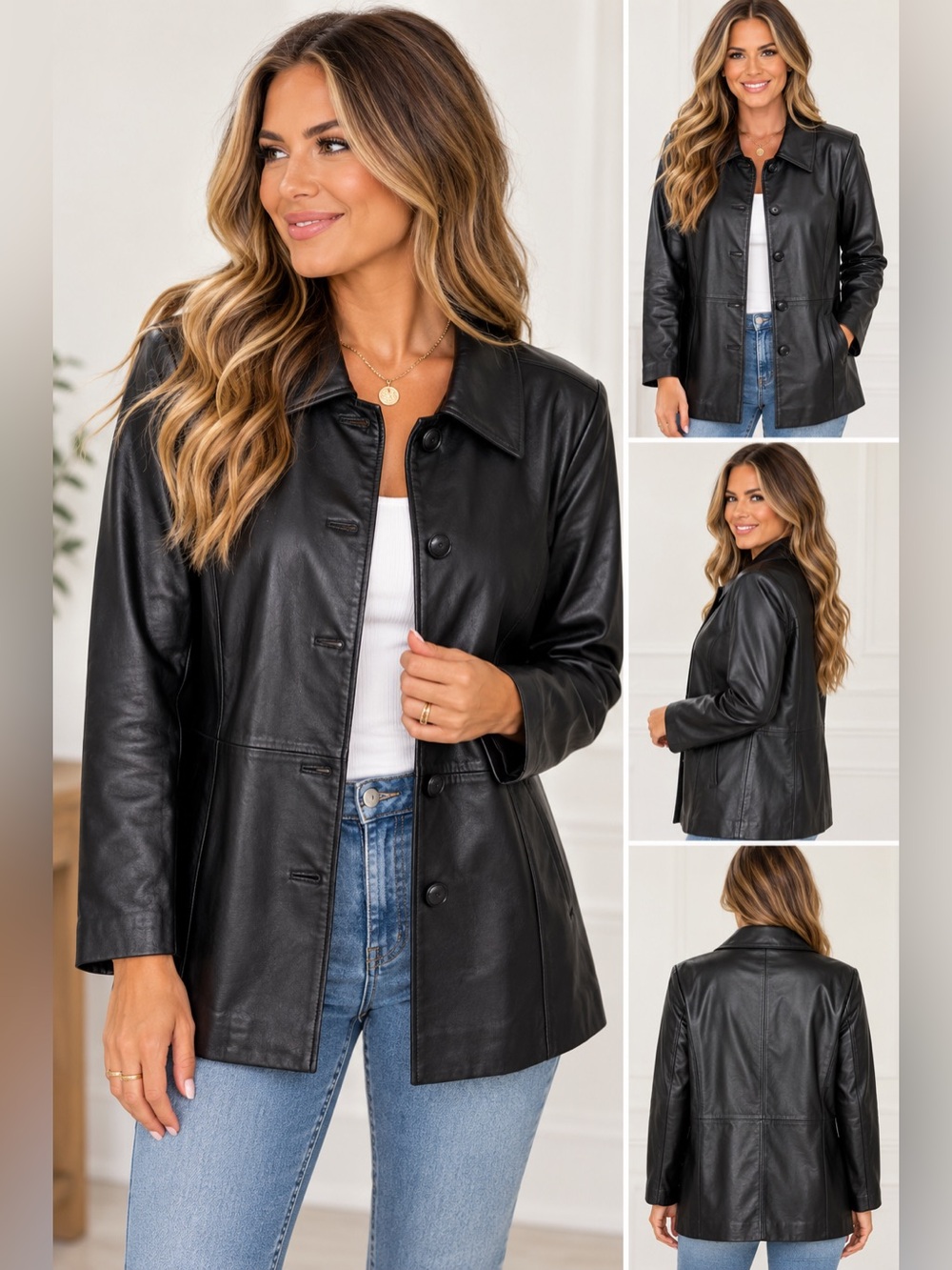 Bernardo Women's Black Leather Button Down Jacket size large